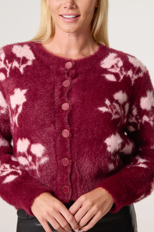 Wine Floral Fluffy Cardigan