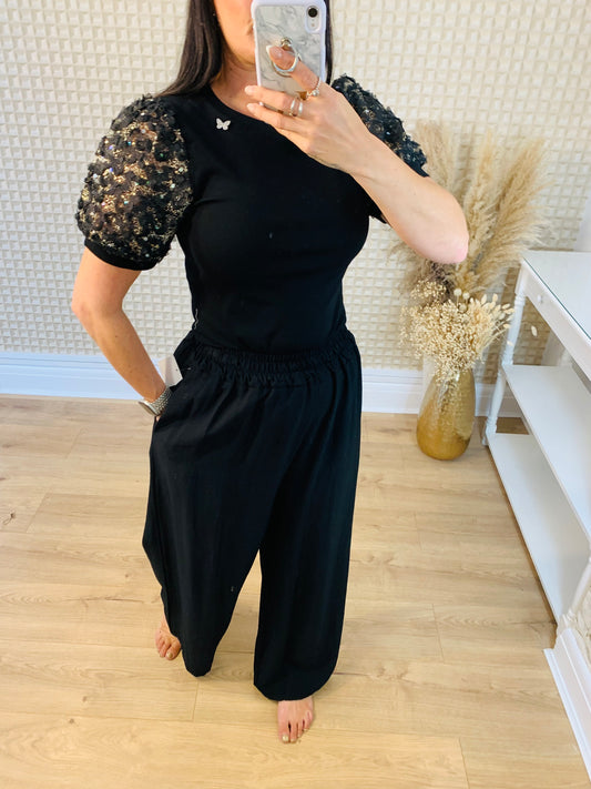 Black Lace Sleeve T-Shirt
