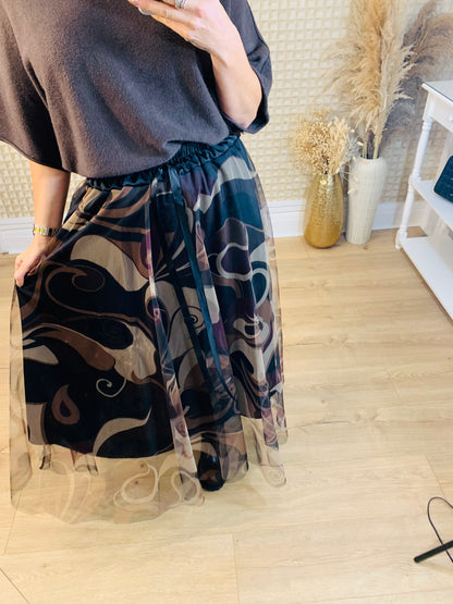 Net Print Skirt Brown