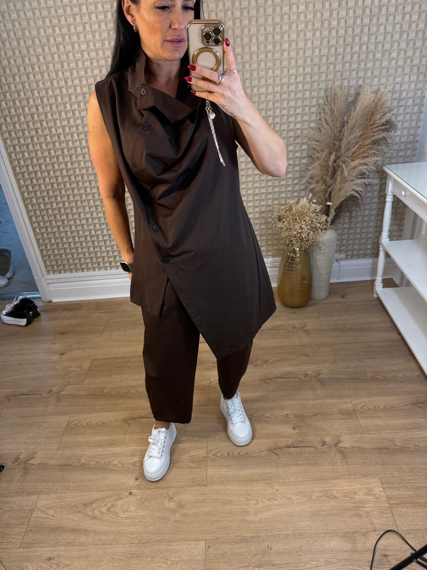 Brown Button Neck Top