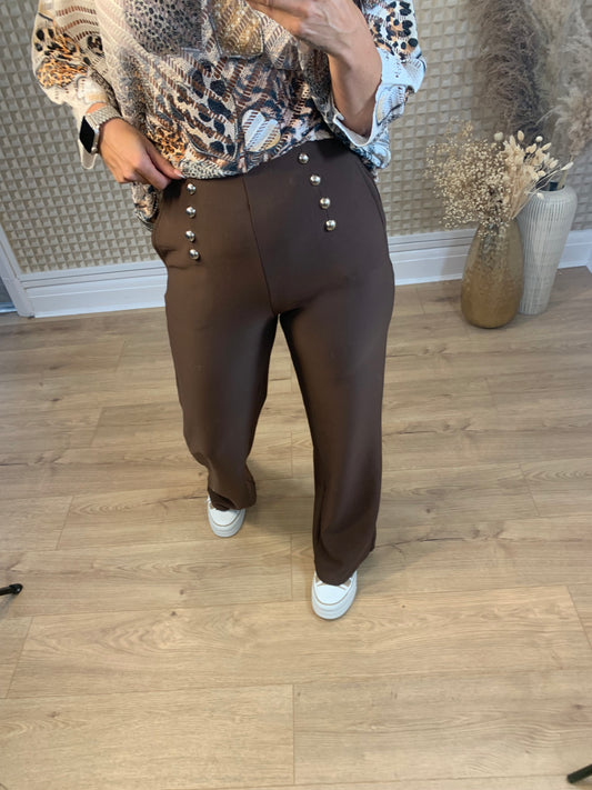 Brown You & Me Wide Leg Button Pants