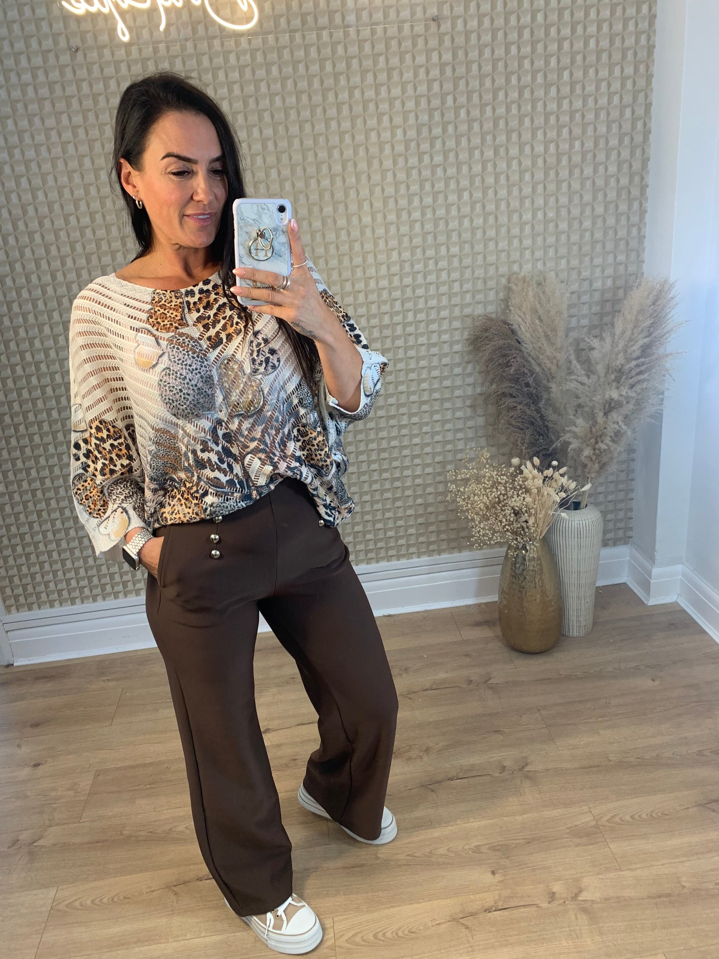 Brown You & Me Wide Leg Button Pants