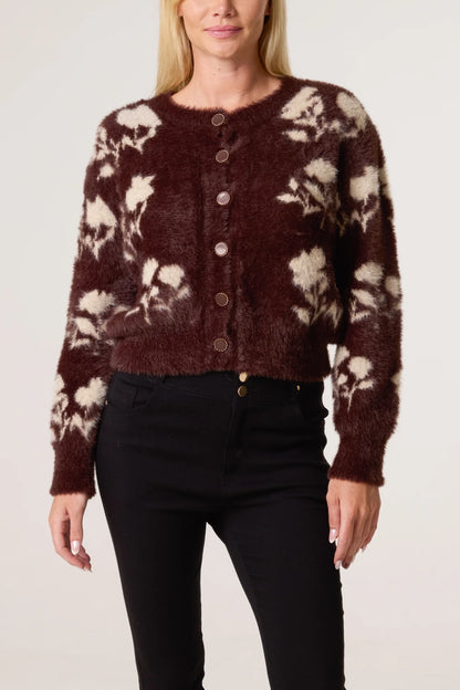 Brown Floral Fluffy Cardigan