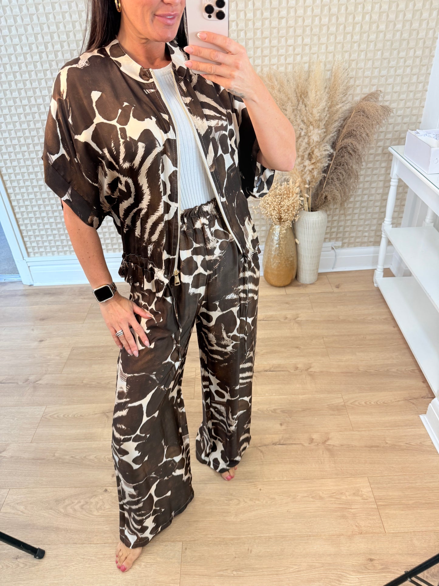 Giraffe print silk two piece
