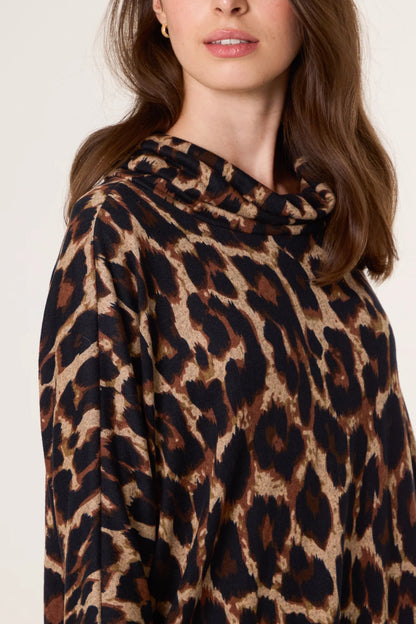 Draped Cowl Leopard Knit Dress