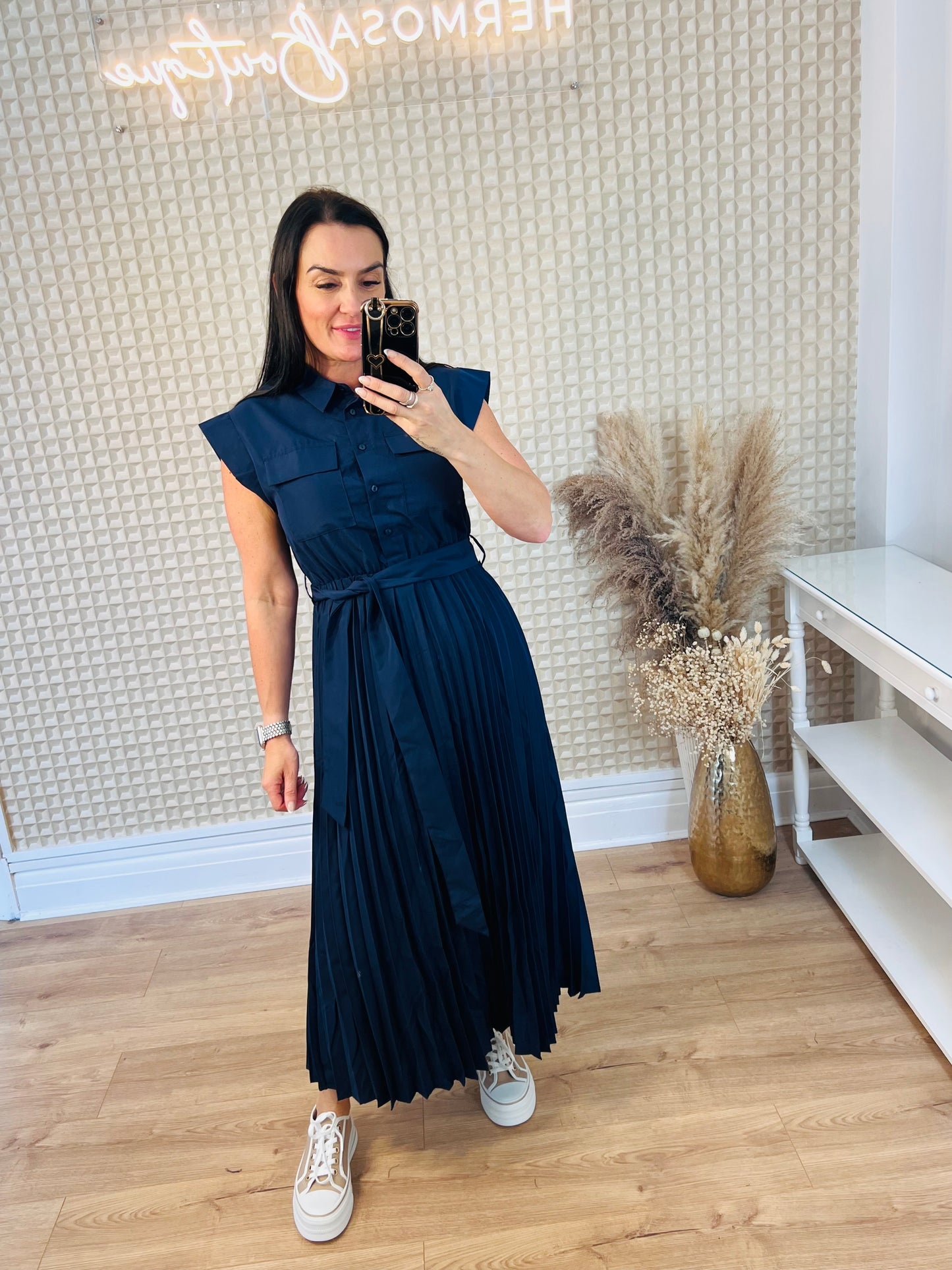 Navy Pleated Dress