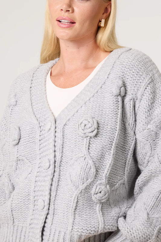 Cable Knit Flower Button Cardigan grey