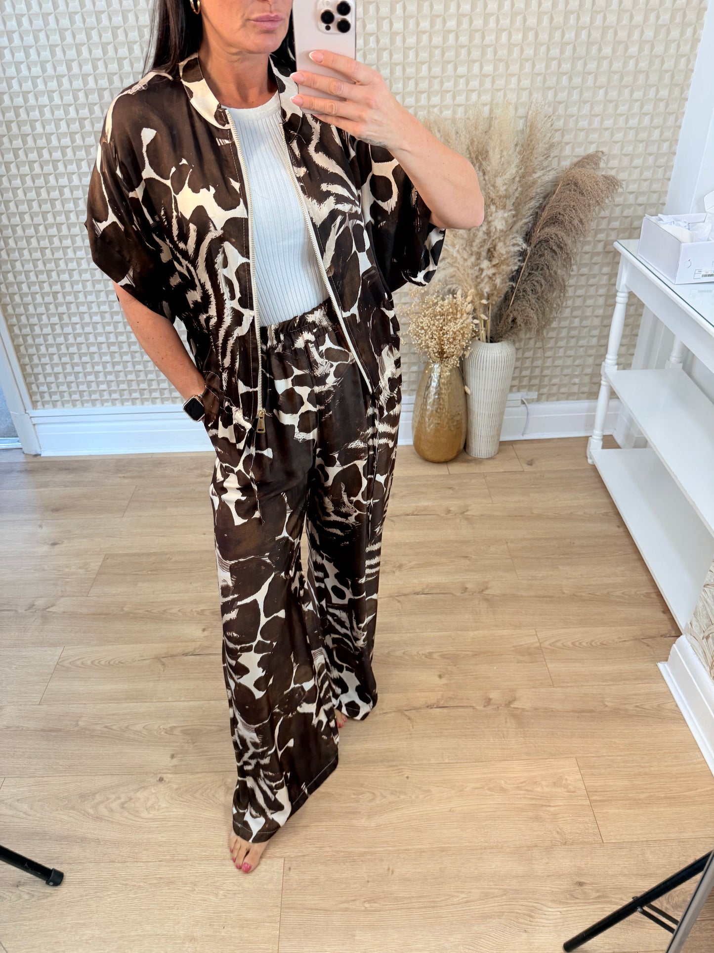 Giraffe print silk two piece