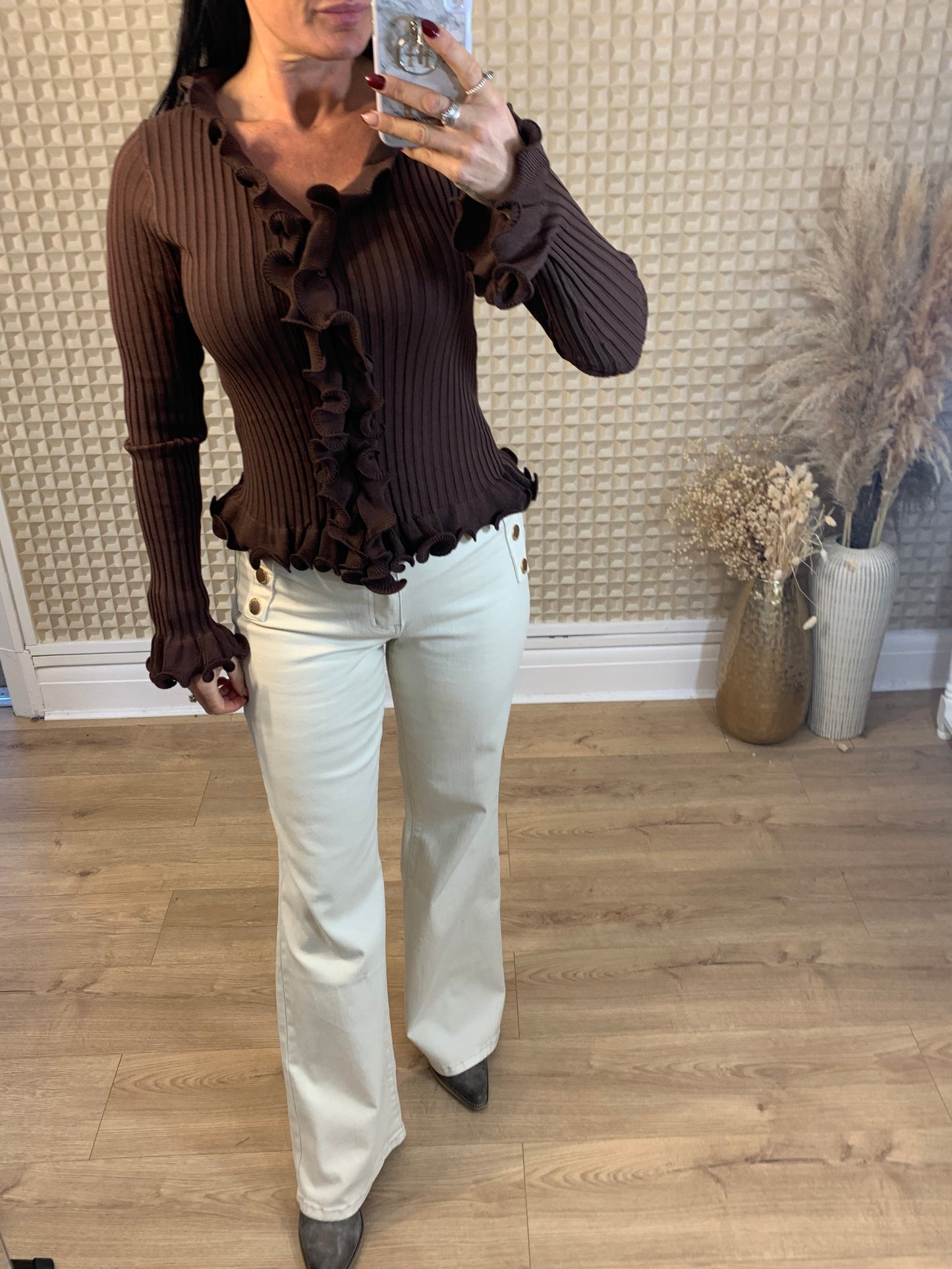 Chocolate Ruffle Ribbed Top
