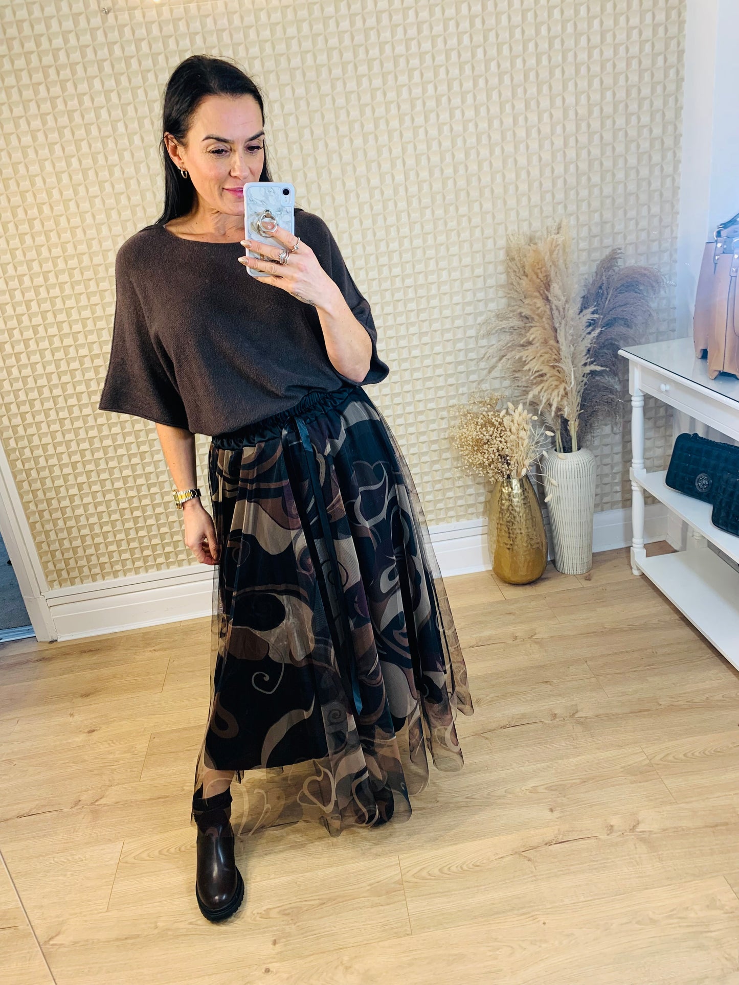 Net Print Skirt Brown