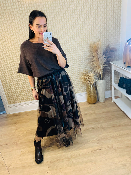 Net Print Skirt Brown