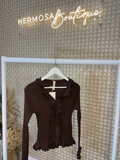 Chocolate Ruffle Ribbed Top