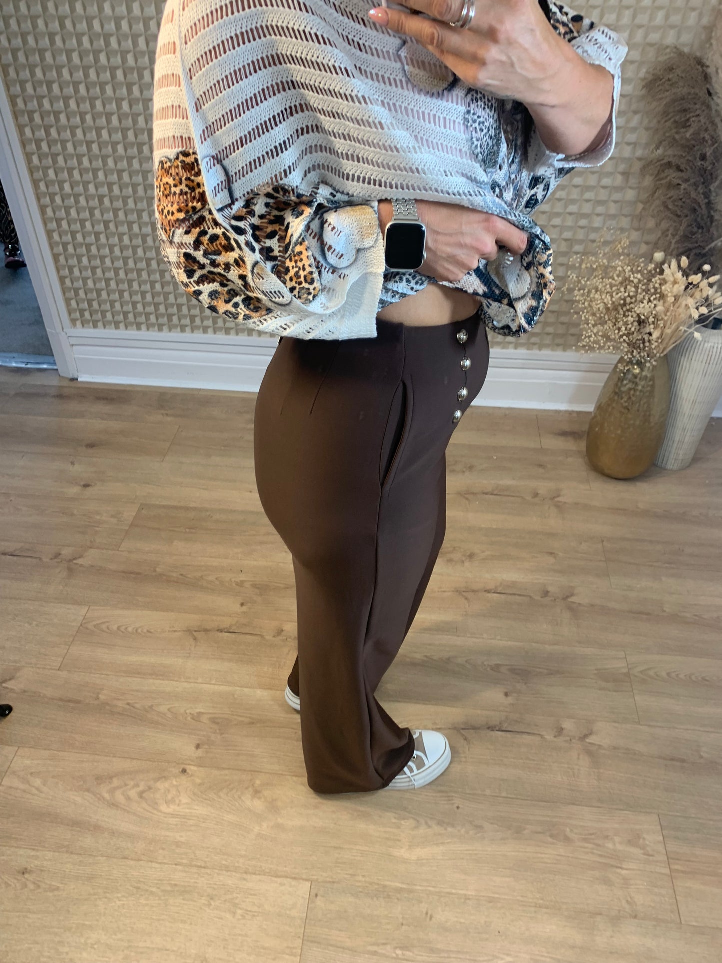 Brown You & Me Wide Leg Button Pants