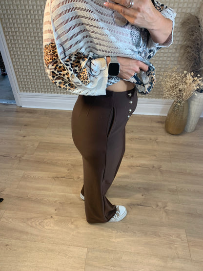 Brown You & Me Wide Leg Button Pants