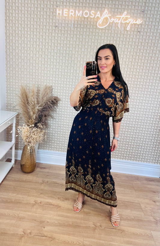 Navy Ethnic Midi Dress