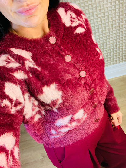 Wine Floral Fluffy Cardigan