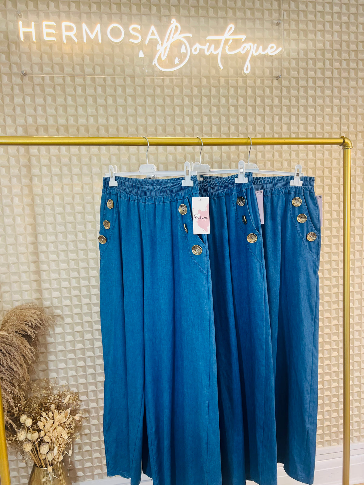 Wide Leg Gold Button