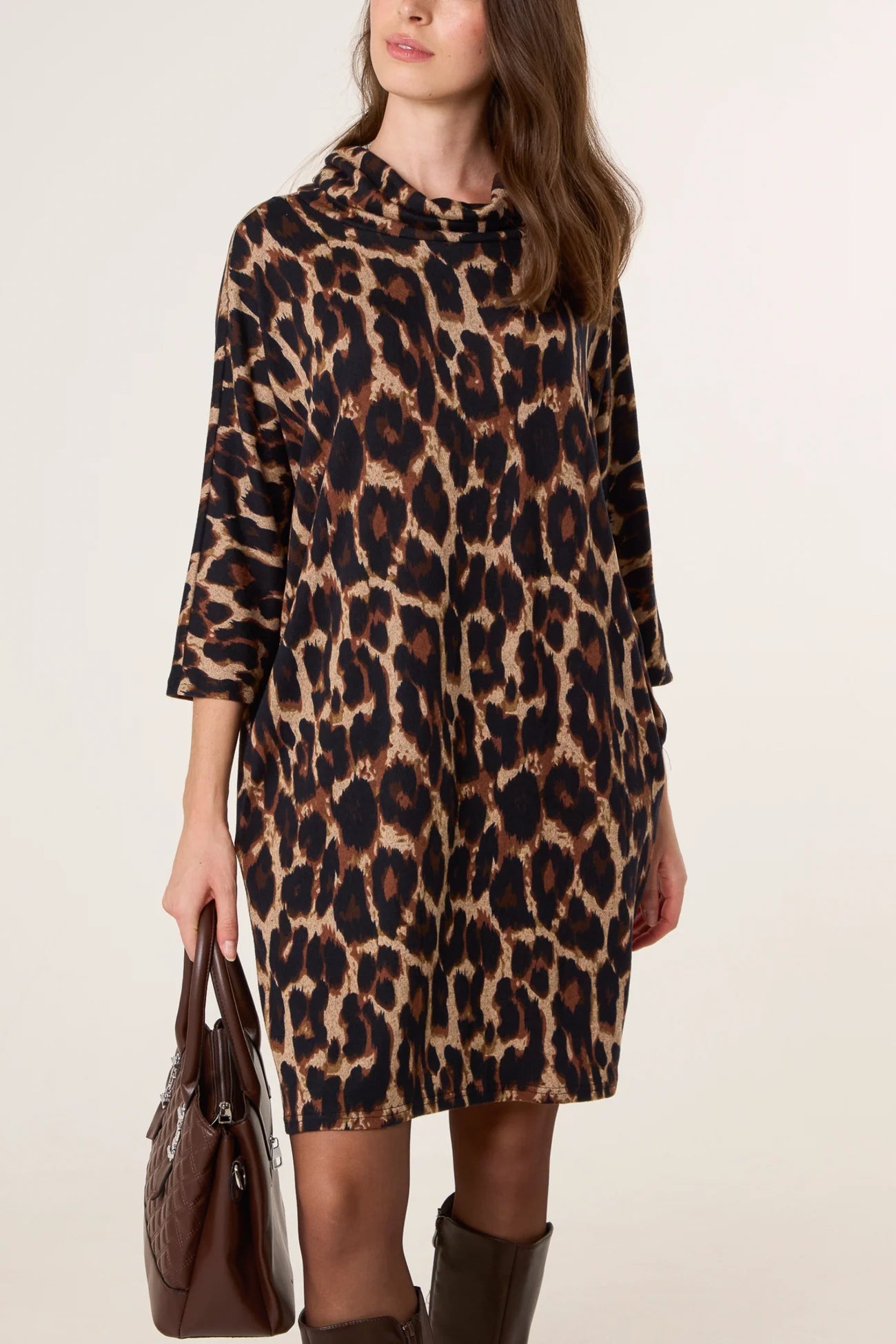 Draped Cowl Leopard Knit Dress