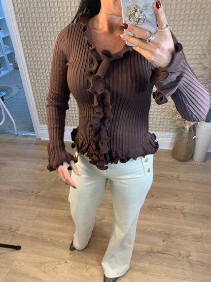 Chocolate Ruffle Ribbed Top