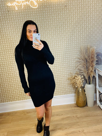 Black Cowell Neck Knitted Dress