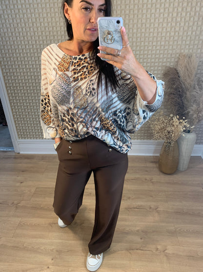 Brown You & Me Wide Leg Button Pants