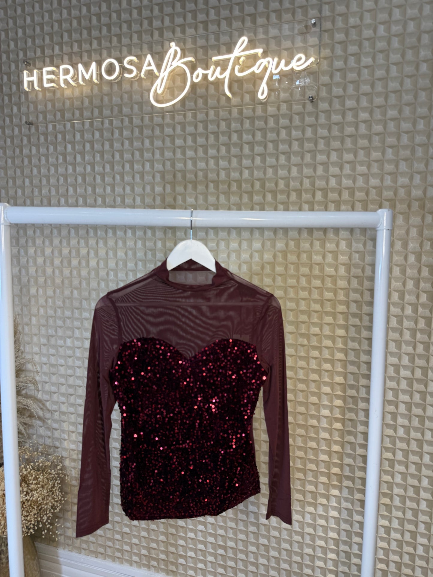 Red Sequin & Mesh Top