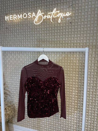 Red Sequin & Mesh Top