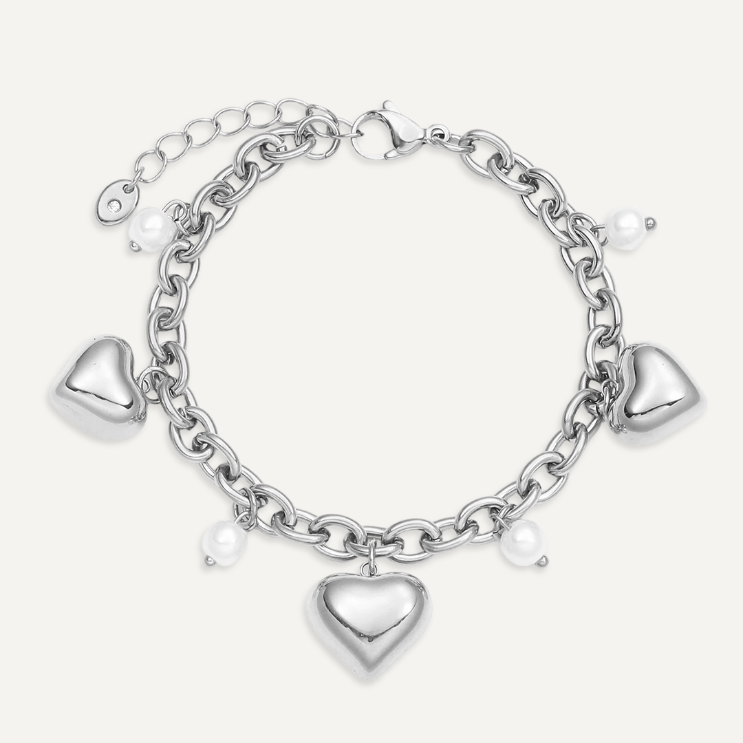 Silver Heart & Pearl Charm Bracelet