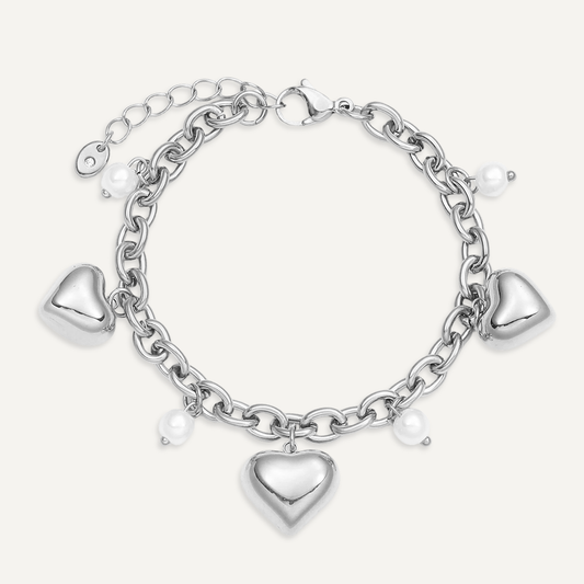 Silver Heart & Pearl Charm Bracelet
