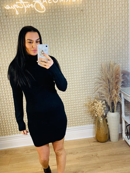 Black Cowell Neck Knitted Dress