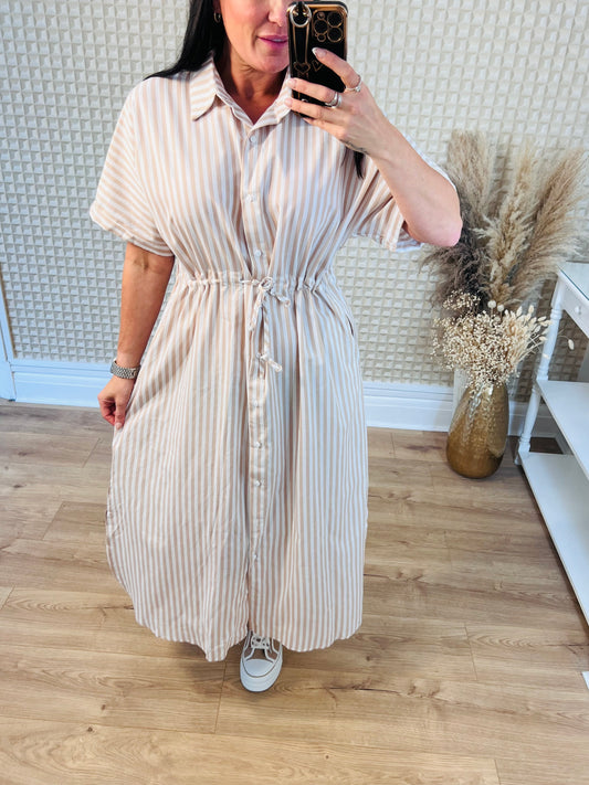 Beige & White Striped Shirt Dress