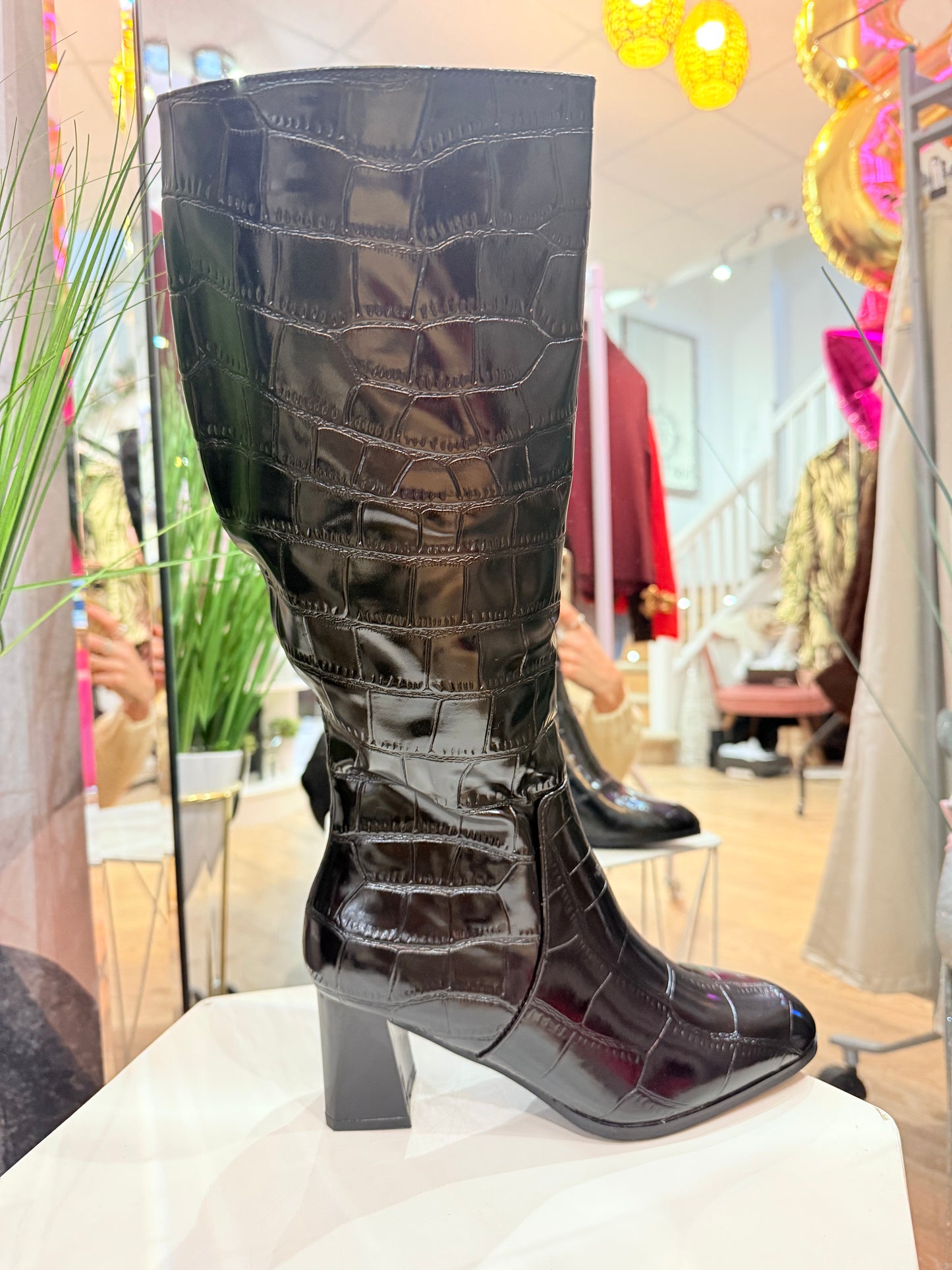 Black Croc Knee Boots